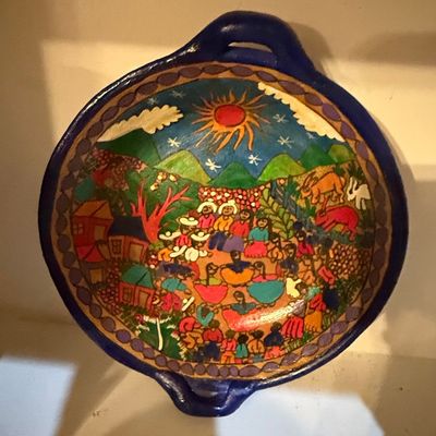 Sale Photo Thumbnail #235: Vintage Mexican Folk Art Hand-Painted Story Bowl with Handles