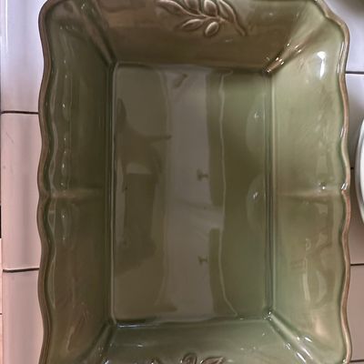 Sale Photo Thumbnail #234: Arenito Sage Green Scalloped Rectangular Baker with Leaf Motif