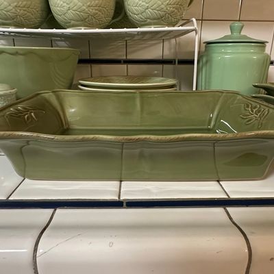 Sale Photo Thumbnail #236: Arenito Sage Green Scalloped Rectangular Baker with Leaf Motif