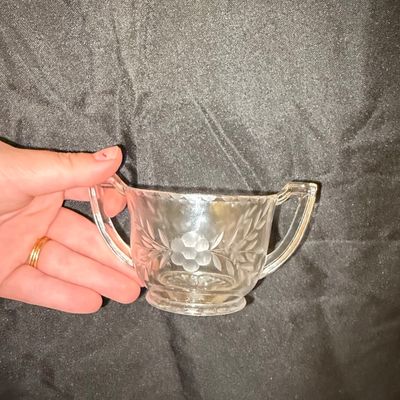 Vintage Etched Floral Glass Sugar Bowl with Applied Handles