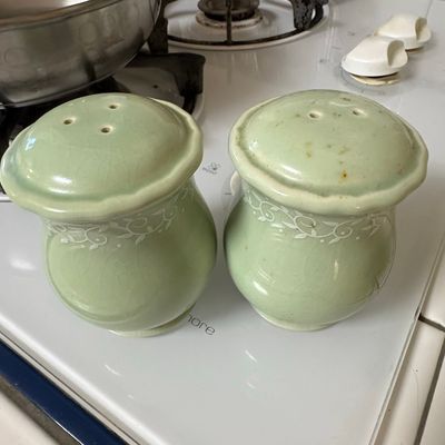 Vintage Celadon Crackle Glaze Floral Vine Salt and Pepper Shakers