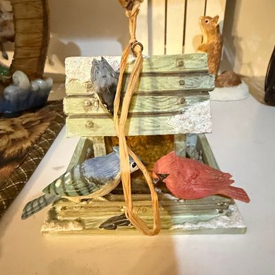 Hand-Painted Resin Bird Feeder Ornament with Blue Jay and Cardinal