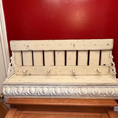 Sale Photo Thumbnail #192: Vintage-Style Wall-Mounted Coat Rack with Shelf and Ornate Brackets