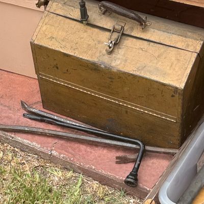 Sale Photo Thumbnail #412: Vintage Metal Tool Box with Lug Wrench and Pry Bar