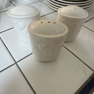 Sale Photo Thumbnail #637: White Embossed Ceramic Salt and Pepper Shakers with Floral/Fruit Pattern