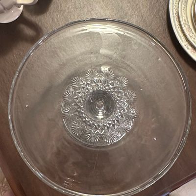 Sale Photo Thumbnail #257: Vintage Pressed Glass Pedestal Cake Stand - Sunburst Pattern