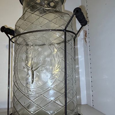Sale Photo Thumbnail #494: Vintage Embossed Glass Jar with Metal Stand and Lid