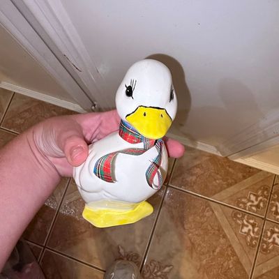 Aunt Belle Handmade Ceramic Duck Figurine with Plaid Ribbon