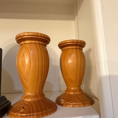 Sale Photo Thumbnail #448: Pair of Vintage Turned Wood Candlestick Holders