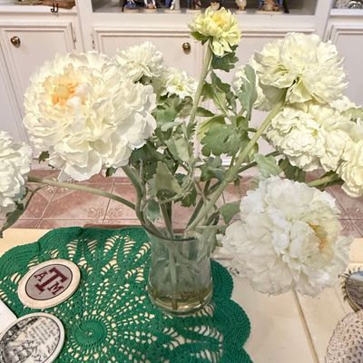 Sale Photo Thumbnail #128: Artificial Peony Floral Arrangement in Glass Vase