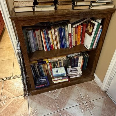 Oak Veneer Two-Shelf Bookcase with Assorted Hardcover Books