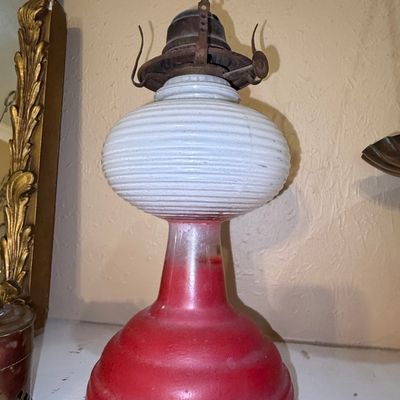 Sale Photo Thumbnail #283: Vintage Oil Lamp with Ribbed Milk Glass Shade and Red Pedestal Base
