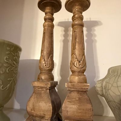 Sale Photo Thumbnail #395: Pair of Carved Wood Candlesticks