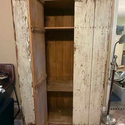 Sale Photo Thumbnail #4: Antique Primitive Two-Door Pine Wardrobe with Chippy White Paint