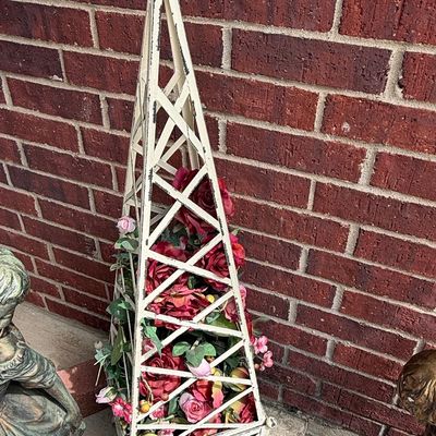 Sale Photo Thumbnail #155: Distressed Metal Obelisk Garden Planter with Faux Florals