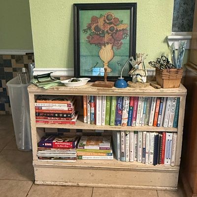 Sale Photo Thumbnail #141: Distressed Painted Wooden Bookshelf with Cookbook Collection