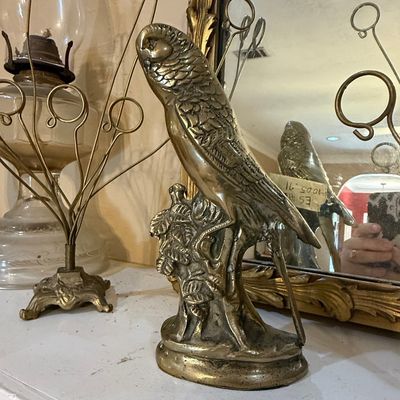 Sale Photo Thumbnail #198: Vintage Solid Brass Budgerigar Figurine with Red Rhinestone Eyes