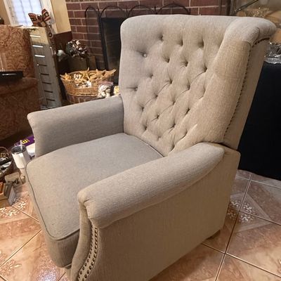 Sale Photo Thumbnail #25: Tufted Wingback Fabric Recliner with Nailhead Trim