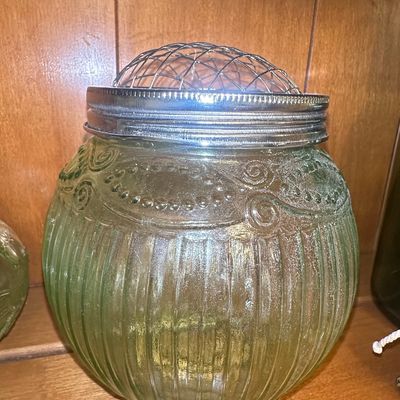 Sale Photo Thumbnail #411: Vintage Green Glass Flower Frog Bowl with Embossed Scrollwork and Bead Detail