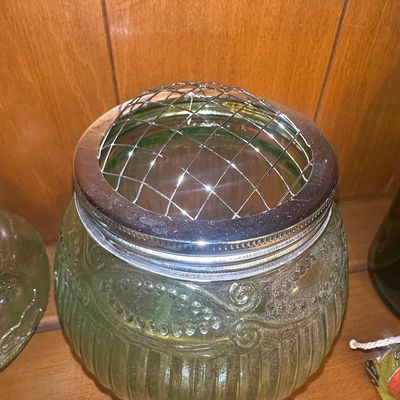 Sale Photo Thumbnail #410: Vintage Green Glass Flower Frog Bowl with Embossed Scrollwork and Bead Detail