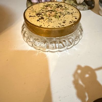 Sale Photo Thumbnail #384: Vintage Vanity Powder Jar with Floral Tapestry Lid