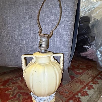 Sale Photo Thumbnail #210: Vintage Cream Glazed Ceramic Urn Table Lamp with Handles