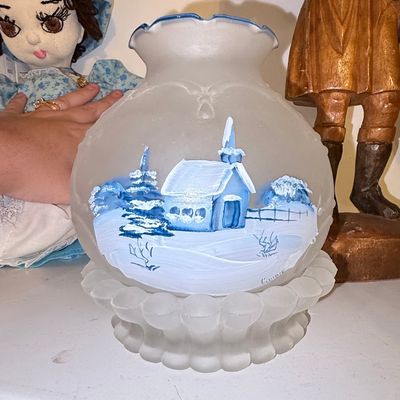 Sale Photo Thumbnail #297: Brooke Glass Hand-Painted Frosted Glass Fairy Lamp - Winter Scene