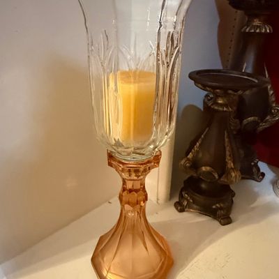 Sale Photo Thumbnail #593: Vintage Pink Depression Glass Candle Holder with Etched Hurricane Shade