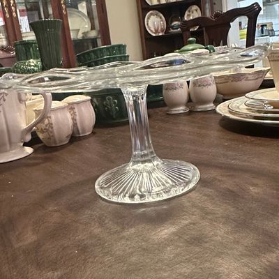 Sale Photo Thumbnail #308: Vintage Bryce Higbee "Estelle" Pattern Pressed Glass Pedestal Cake Stand