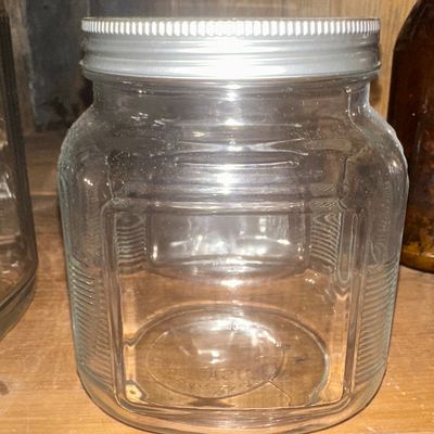 Sale Photo Thumbnail #655: Vintage Hoosier Style Ribbed Glass Storage Jar with Metal Lid