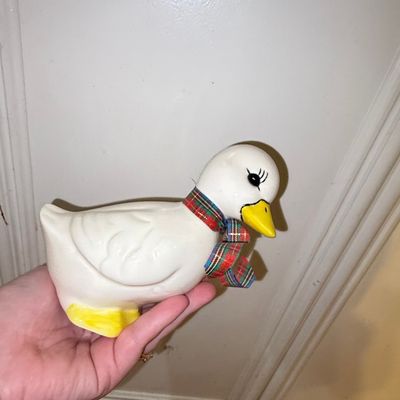 Aunt Belle Handmade Ceramic Duck Figurine with Plaid Ribbon