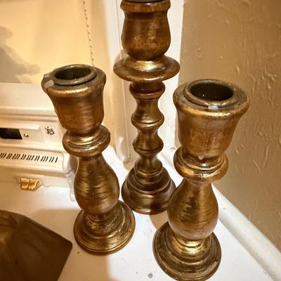 Sale Photo Thumbnail #424: Set of Three Turned Wood Gilded Candlesticks