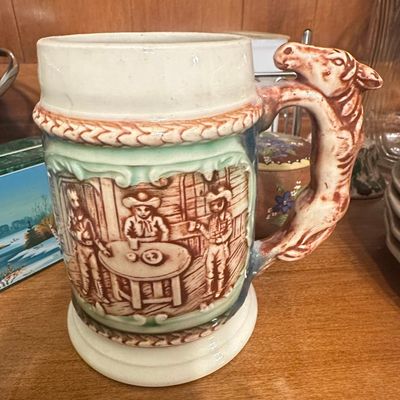 Sale Photo Thumbnail #625: Vintage Western-Themed Ceramic Beer Stein with Horse Head Handle