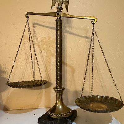 Sale Photo Thumbnail #127: Vintage Brass Eagle Scales of Justice with Marble Base