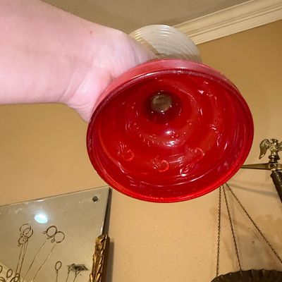 Sale Photo Thumbnail #285: Vintage Oil Lamp with Ribbed Milk Glass Shade and Red Pedestal Base