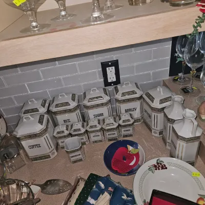Sale Photo Thumbnail #17: Antique porcelain kitchen canister and spice set