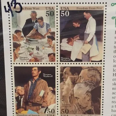 Sale Photo Thumbnail #113: USA Norman Rockwell Four Freedoms 50 Cent Stamp Sheet
