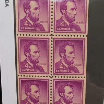 Sale Photo Thumbnail #111: Sheet of Six 4¢ Lincoln U.S. Postage Stamps
