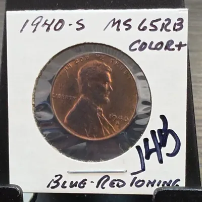 Sale Photo Thumbnail #232: 1940-S Lincoln Wheat Cent With Blue-Red Toning
