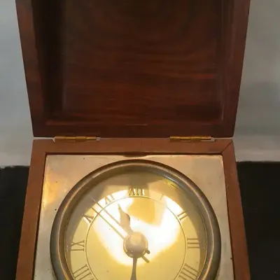 Vintage Marine Chronometer-Style Desk Clock in Hinged Wood Presentation Box