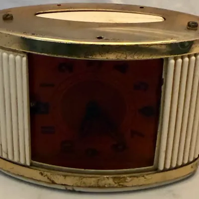 Vintage Westclox Art Deco Travel Alarm Clock Folding Ivory Ribbed Case Amber Dial USA