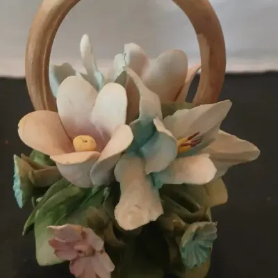 Delicate Handcrafted Porcelain Flower Basket Figurine Floral Centerpiece