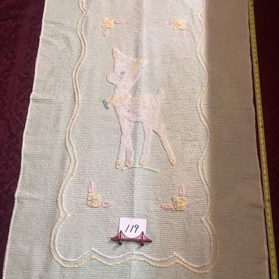 Sale Photo Thumbnail #1156: 38”x65” Blue vintage cotton chenille baby crib blanket or coverlet featuring a tufted white fawn or deer design in the center with pastel floral accents