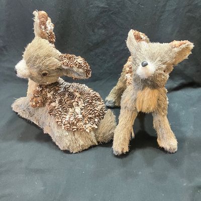 Sale Photo Thumbnail #1237: SET OF 2 DEER FIGURINES MADE FROM NATURAL BRISTLE AND PINECONES. MEASURES APPROXIMATELY 8 INCHES TALL. GOOD CONDITION WITH LIGHT WEAR.