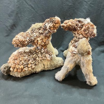 Sale Photo Thumbnail #1238: SET OF 2 DEER FIGURINES MADE FROM NATURAL BRISTLE AND PINECONES. MEASURES APPROXIMATELY 8 INCHES TALL. GOOD CONDITION WITH LIGHT WEAR.