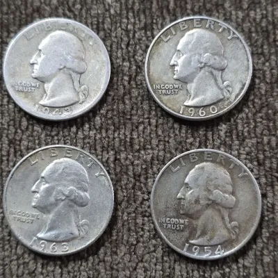 1953-D, 1954-D, 1960-D & 1964-D Washington 90% Silver Quarter Coins