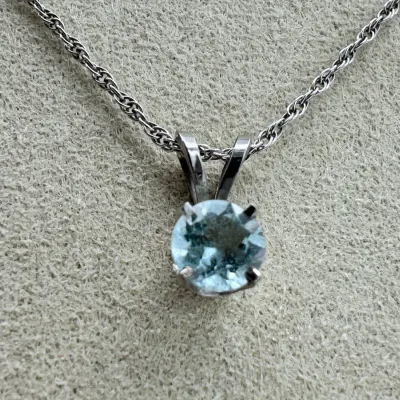 14K White Gold Stamped Necklace With Genuine Aqua Pendant