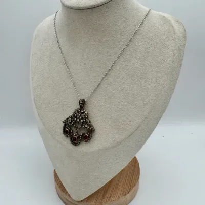 14K White Gold Link Chain With Round Lobster Clasp & Champagne Diamond & Ruby Pendant