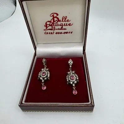 Vintage Stamped 18K Gold Champagne Diamond & Ruby Earrings 