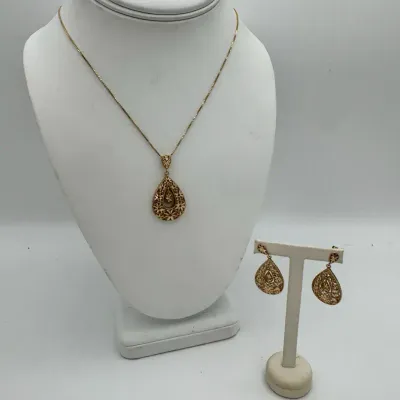 14K Turkish Gold Earrings & Box Chain Necklace with Round Lobster Clasp